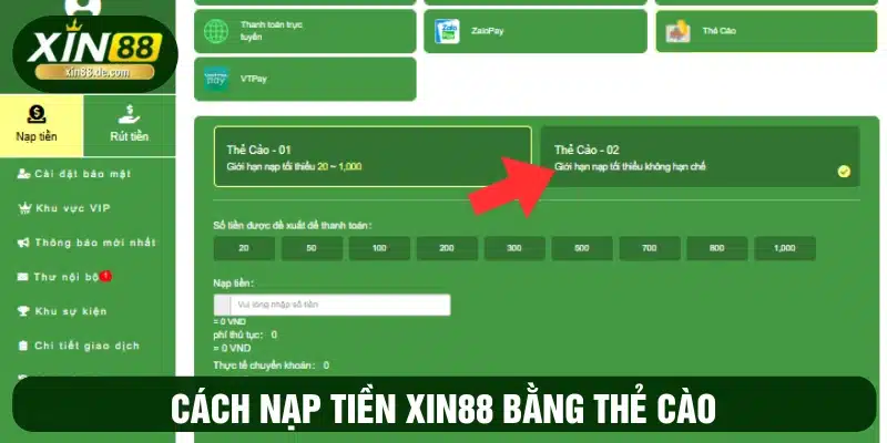 Gửi tiền XIN88 thông qua thẻ card điện thoại 