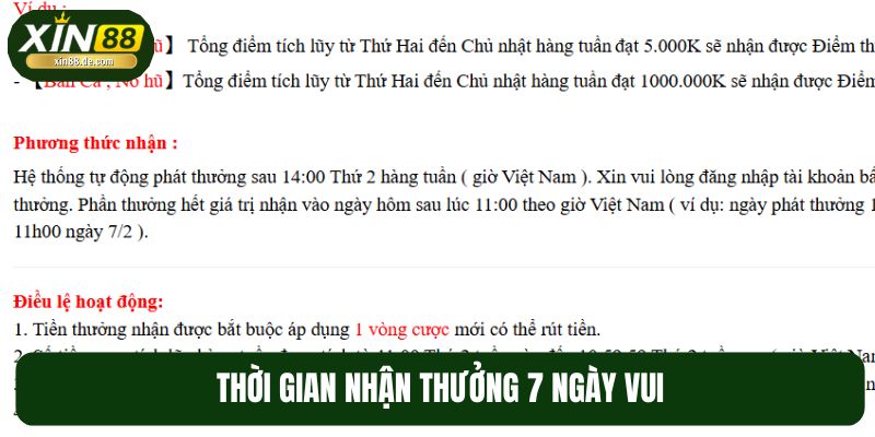 Thời gian nhận thưởng 7 ngày vui